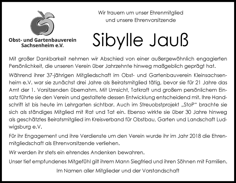  Traueranzeige für Sibylle Jauß vom 28.02.2026 aus Bietigheimer Zeitung