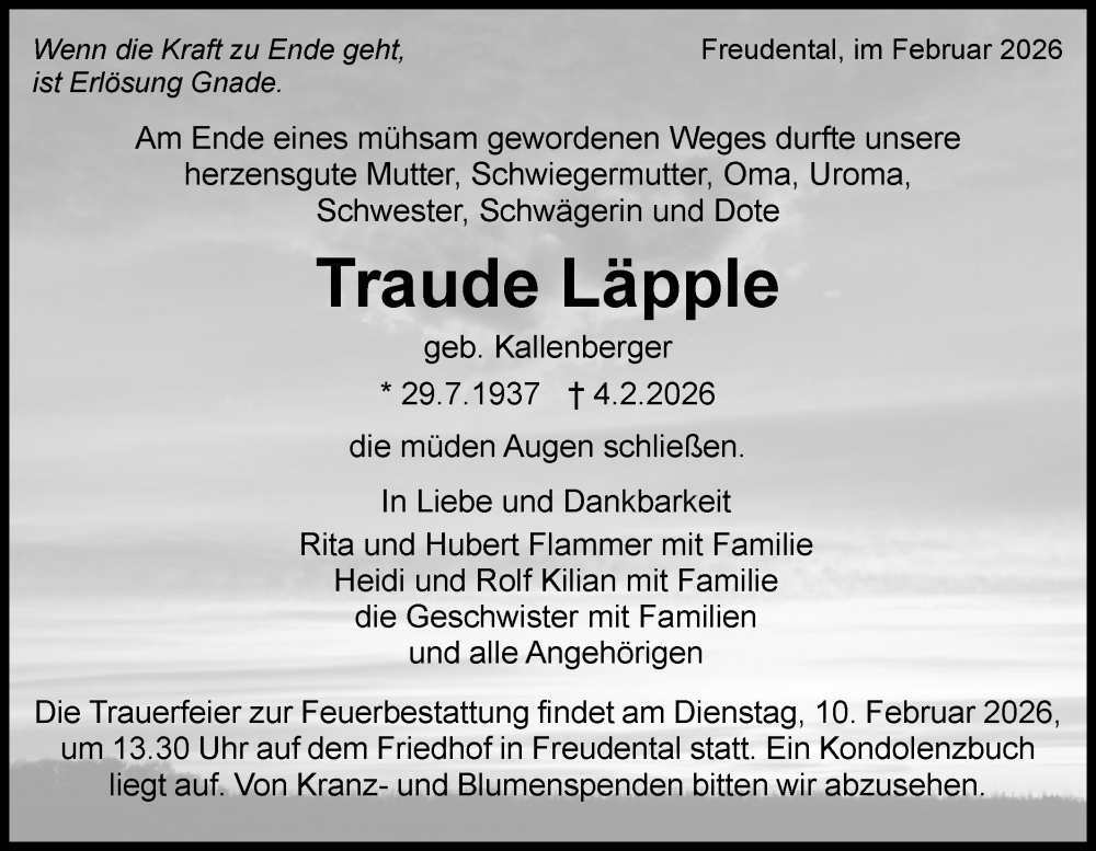  Traueranzeige für Traude Läpple vom 07.02.2026 aus Bietigheimer Zeitung
