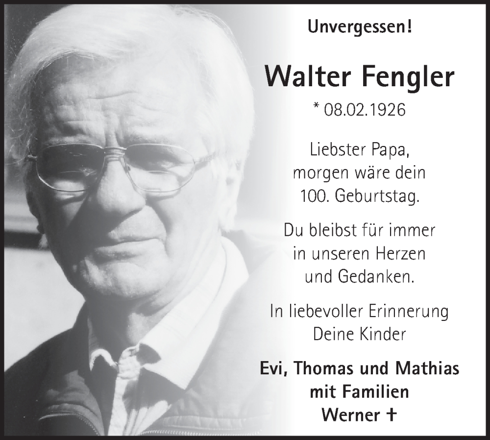  Traueranzeige für Walter Fengler vom 07.02.2026 aus Bietigheimer Zeitung