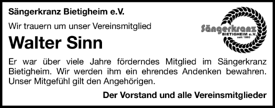 Traueranzeige von Walter Sinn von Bietigheimer Zeitung