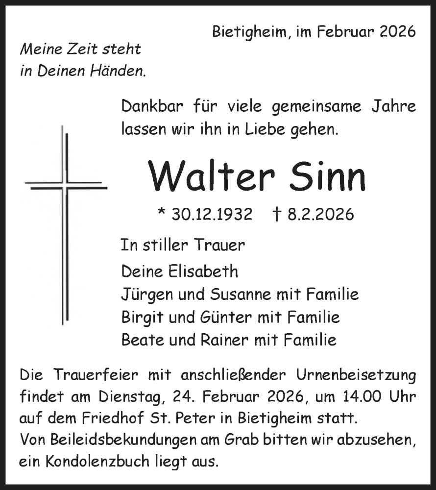  Traueranzeige für Walter Sinn vom 18.02.2026 aus Bietigheimer Zeitung