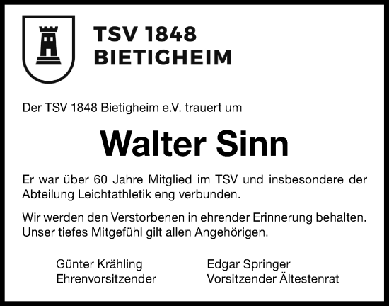 Traueranzeige von Walter Sinn von Bietigheimer Zeitung